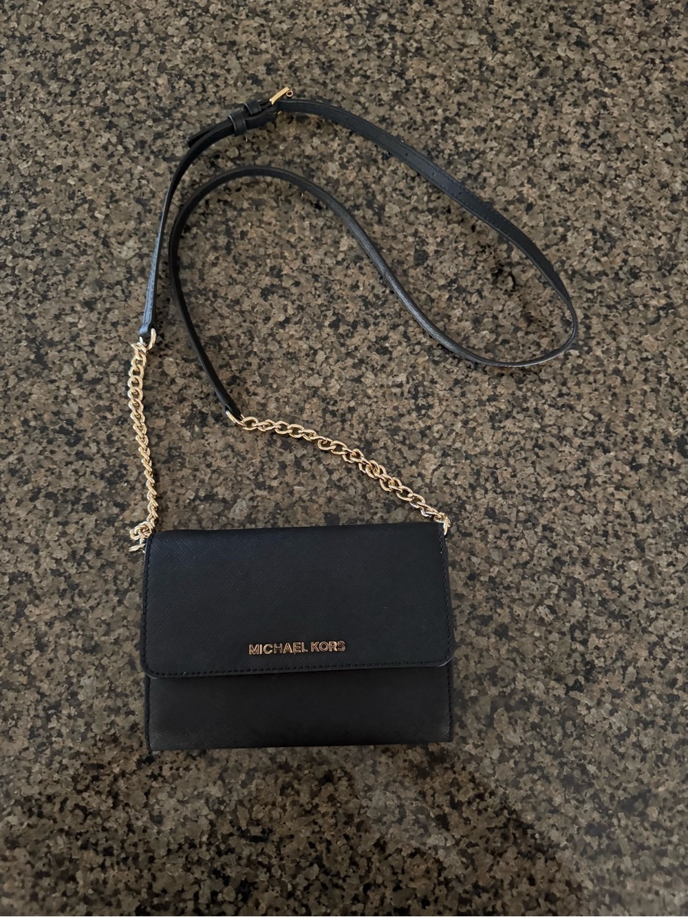 MICHAEL KORS Black Leather Crossbody with Gold Chain